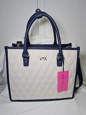 NWT Betsey Johnson XOLALA Quilted Canvas Sardine Tote Bag Navy Cream Crossbody